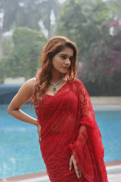 Red net floral applique embroidered Saree with sleeveless blouse