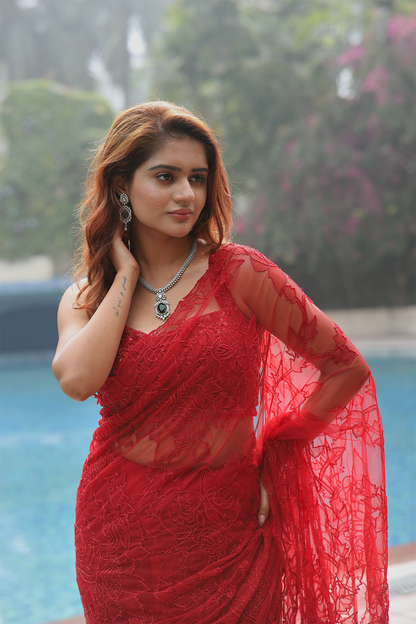 Red net floral applique embroidered Saree with sleeveless blouse