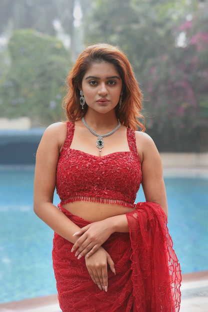 Red net floral applique embroidered Saree with sleeveless blouse