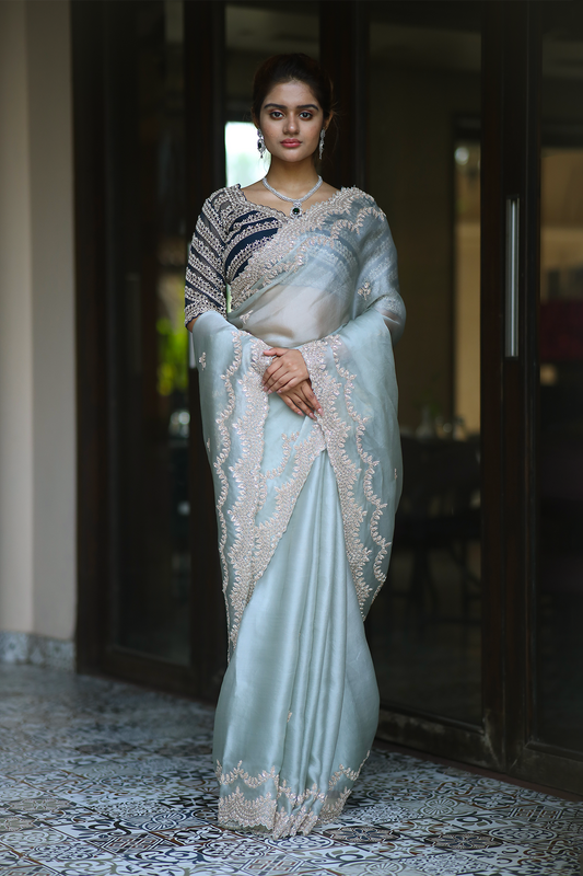 Powder blue silk organza embroidered Saree with elbow sleeve embroidered blouse