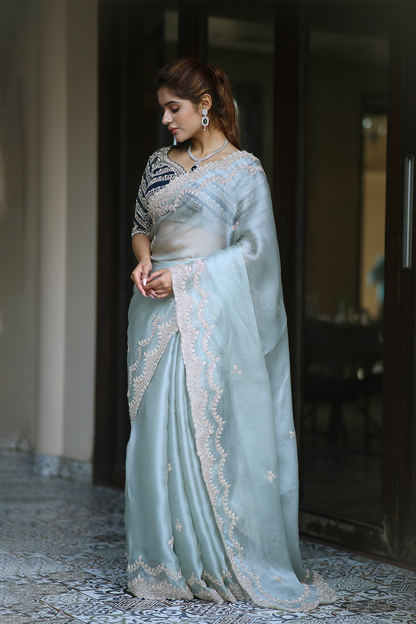 Powder blue silk organza embroidered Saree with elbow sleeve embroidered blouse
