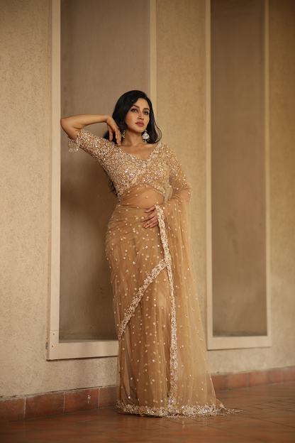 Beige net embroidered Saree with elbow sleeve embroidered blouse
