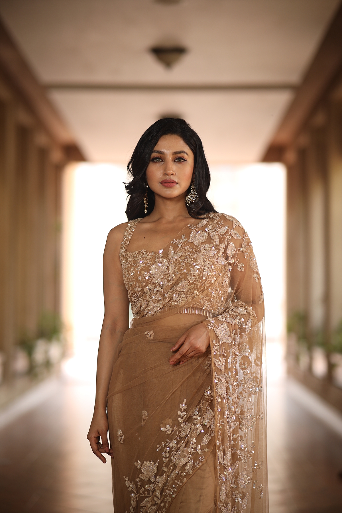 Beige net embroidered Saree with sleeveless embroidered blouse