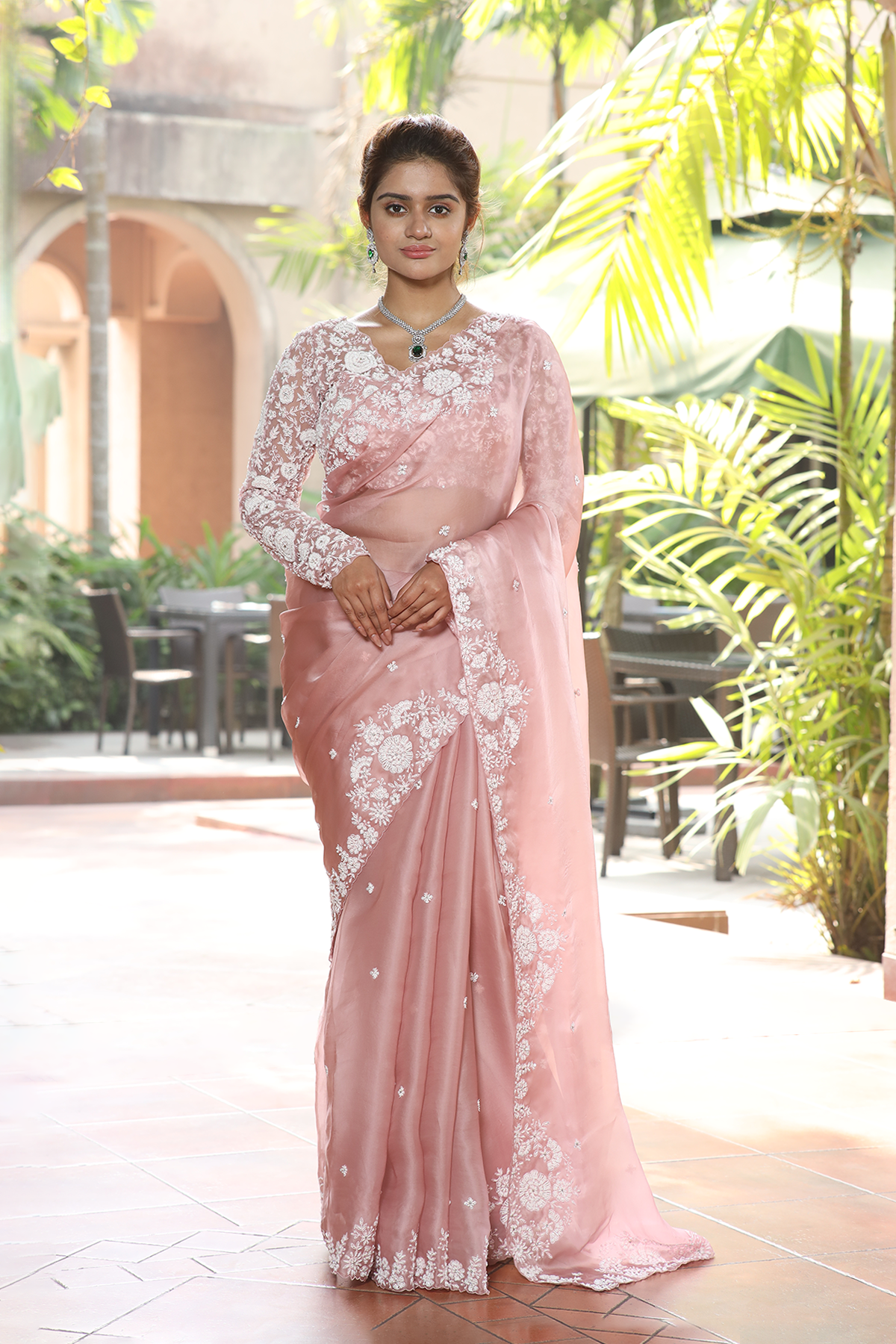 Pink silk organza embroidered Saree with full sleeve blouse