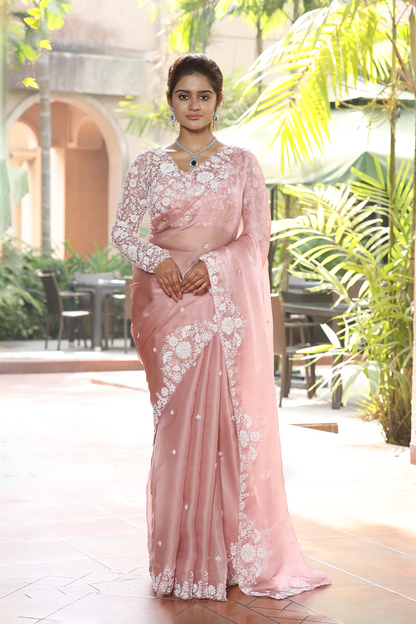 Pink silk organza embroidered Saree with full sleeve blouse