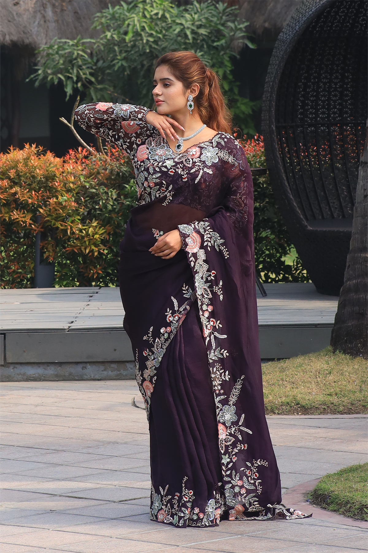 Wine silk organza embroidered Saree with full sleeve embroidered blouse