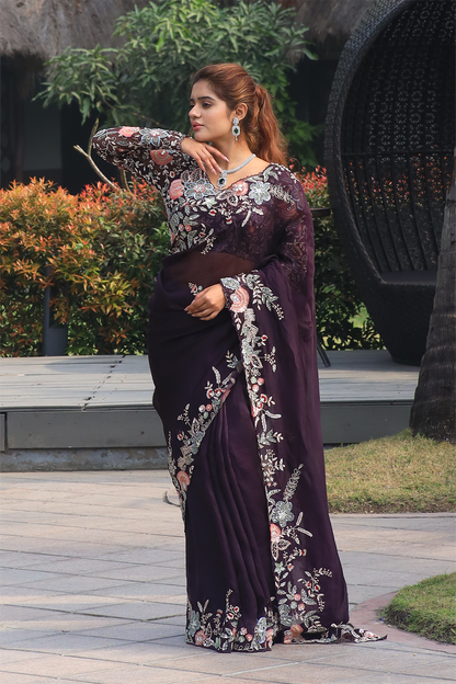 Wine silk organza embroidered Saree with full sleeve embroidered blouse
