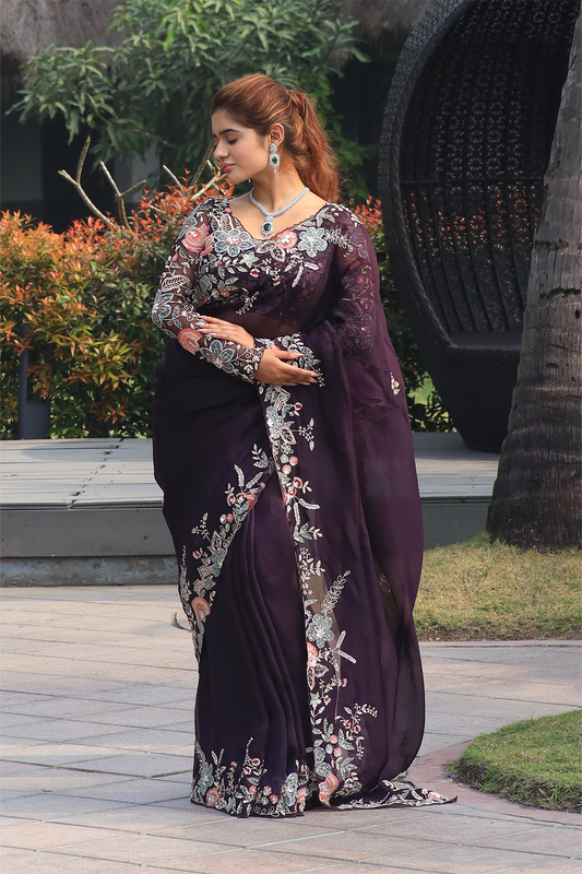 Wine silk organza embroidered Saree with full sleeve embroidered blouse