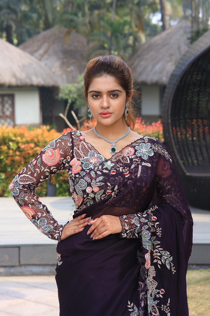 Wine silk organza embroidered Saree with full sleeve embroidered blouse