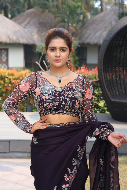 Wine silk organza embroidered Saree with full sleeve embroidered blouse