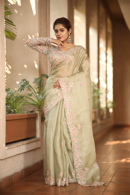 Pista green silk organza embroidered Saree with multi-color full sleeve blouse