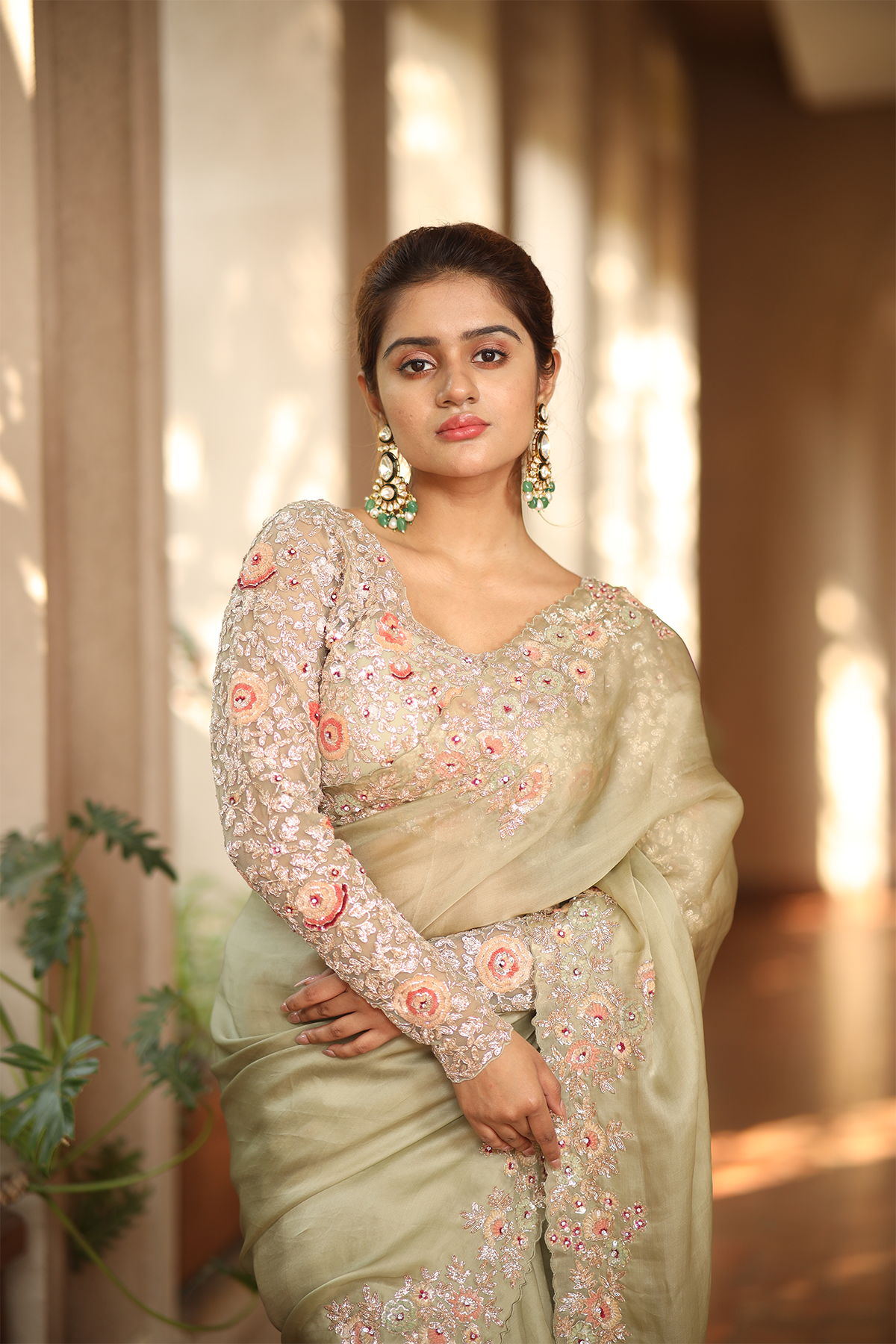 Pista green silk organza embroidered Saree with multi-color full sleeve blouse
