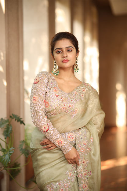 Pista green silk organza embroidered Saree with multi-color full sleeve blouse