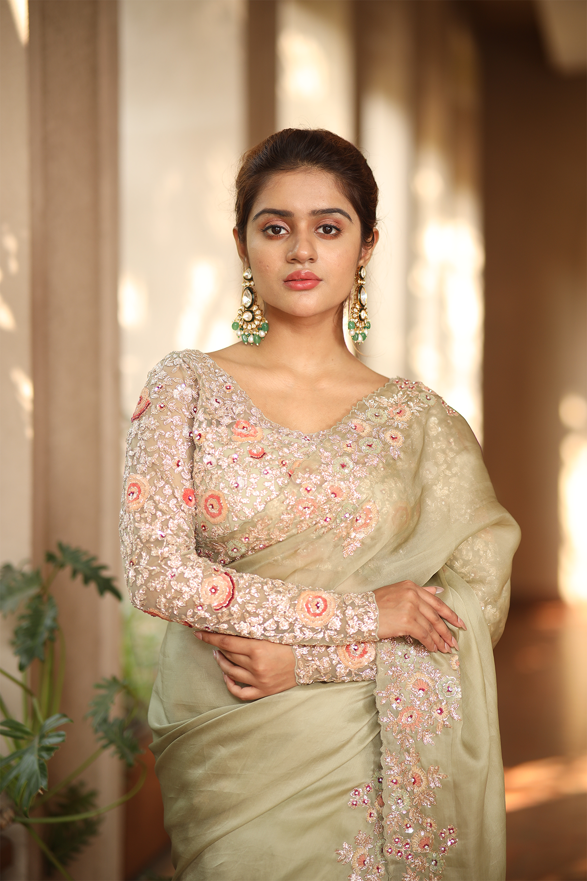 Pista green silk organza embroidered Saree with multi-color full sleeve blouse