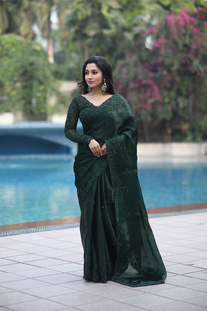 Green silk organza embroidered Saree with full sleeve blouse