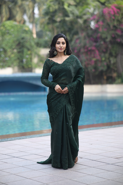 Green silk organza embroidered Saree with full sleeve blouse