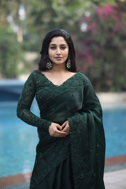 Green silk organza embroidered Saree with full sleeve blouse