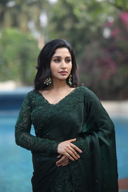 Green silk organza embroidered Saree with full sleeve blouse