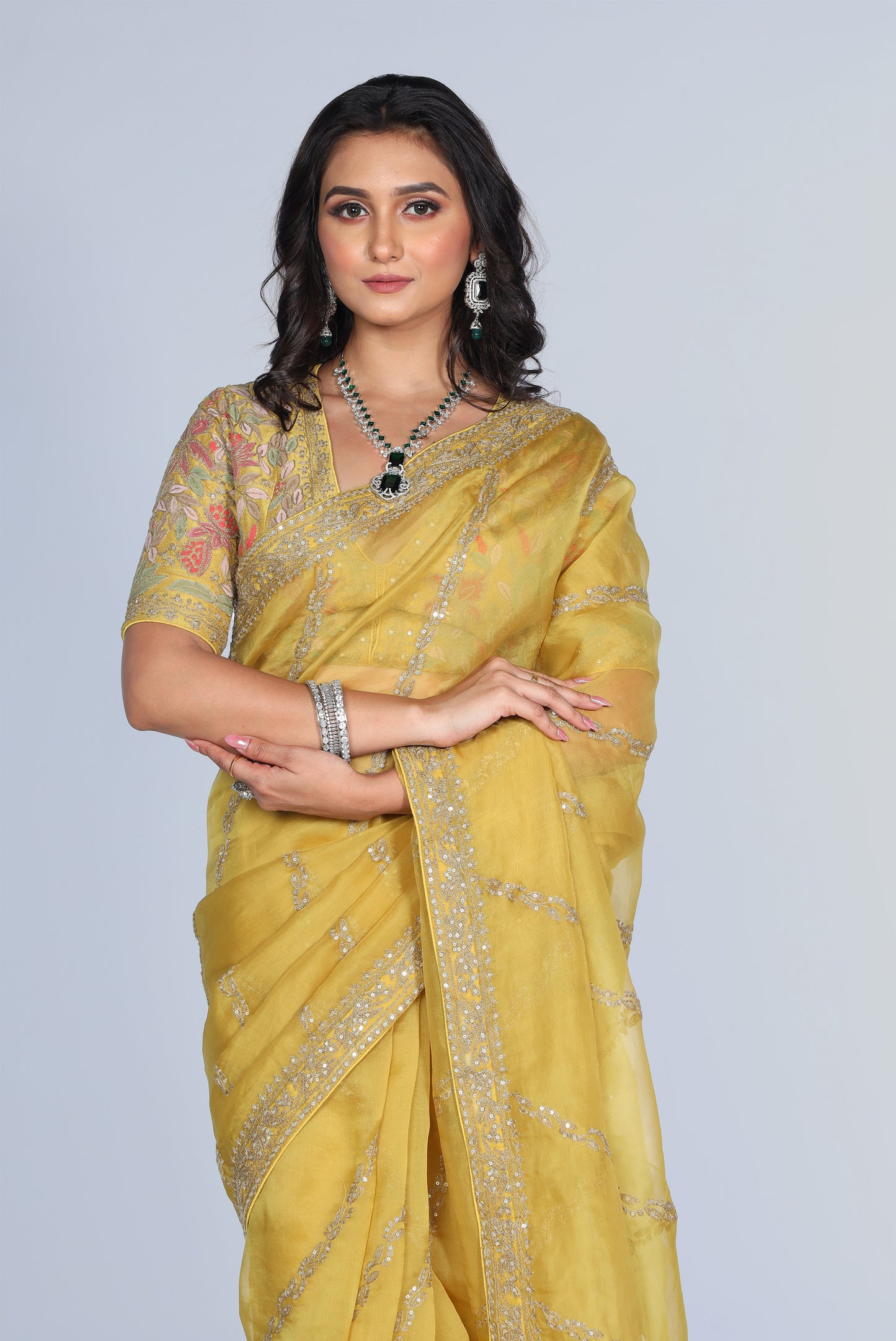 Yellow silk organza embroidered Saree with multi-color elbow sleeve blouse