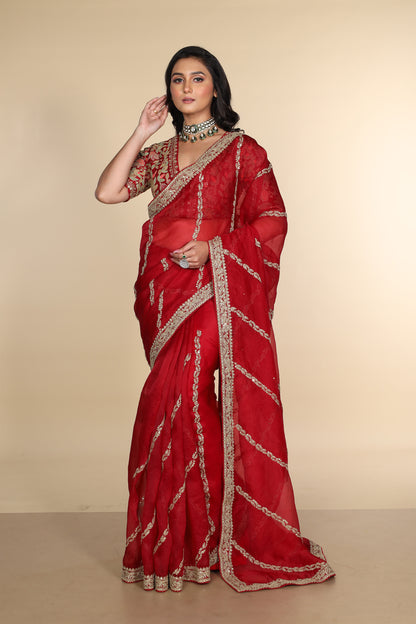 Red silk organza embroidered Saree with multi-color elbow sleeve blouse