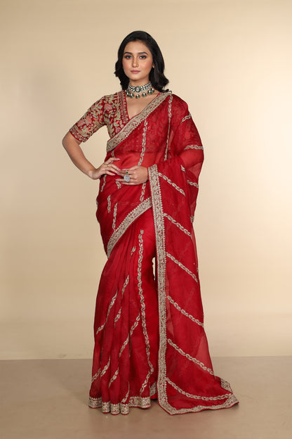 Red silk organza embroidered Saree with multi-color elbow sleeve blouse