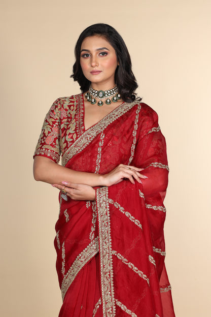 Red silk organza embroidered Saree with multi-color elbow sleeve blouse