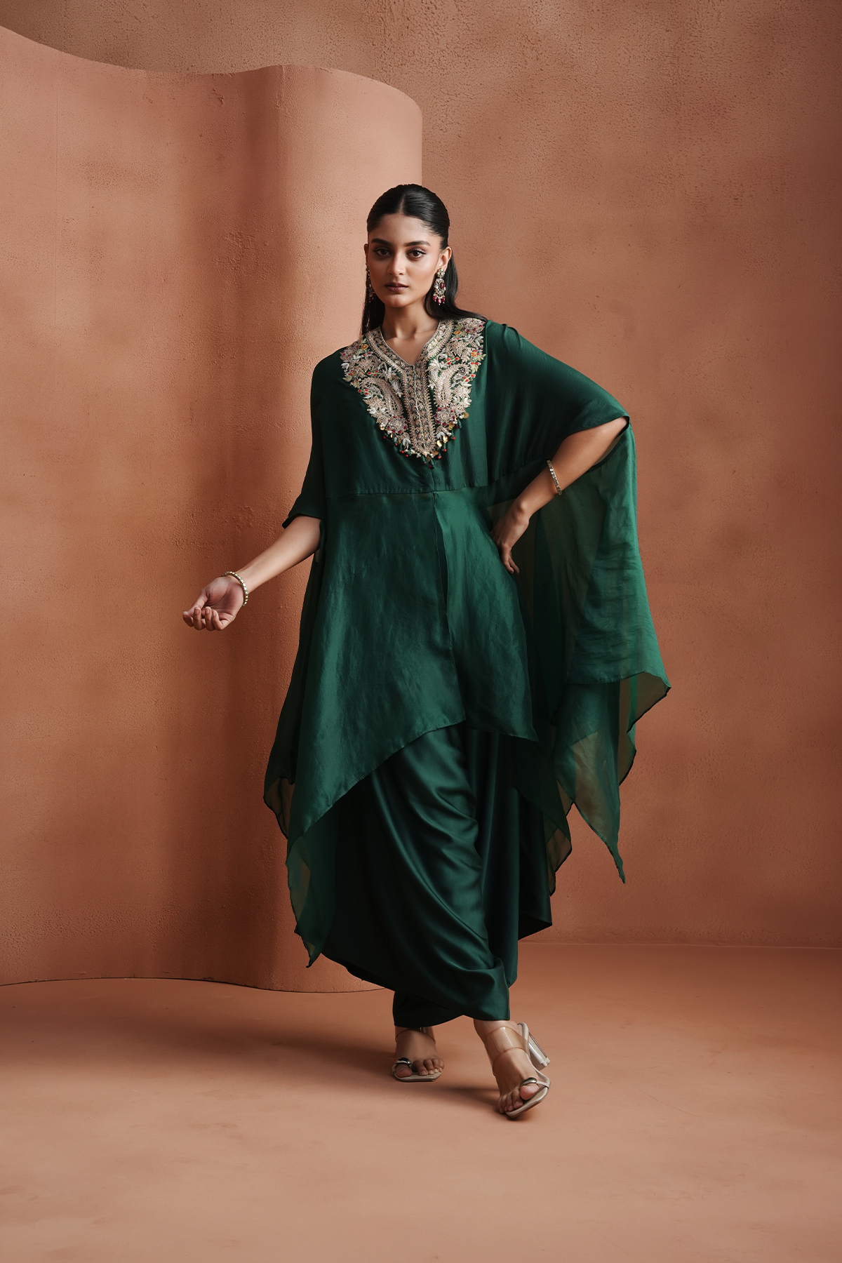 Green Embellished Kaftan Set