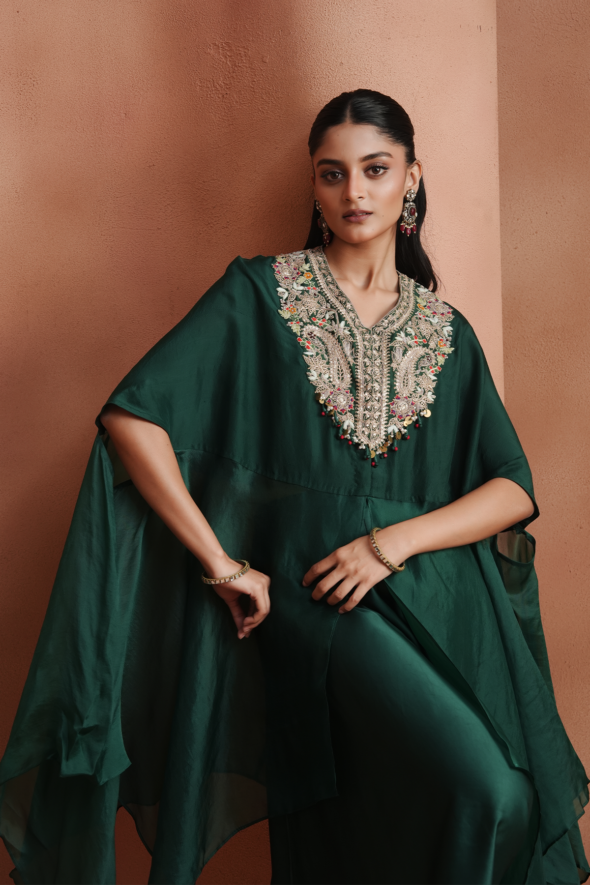 Green Embellished Kaftan Set
