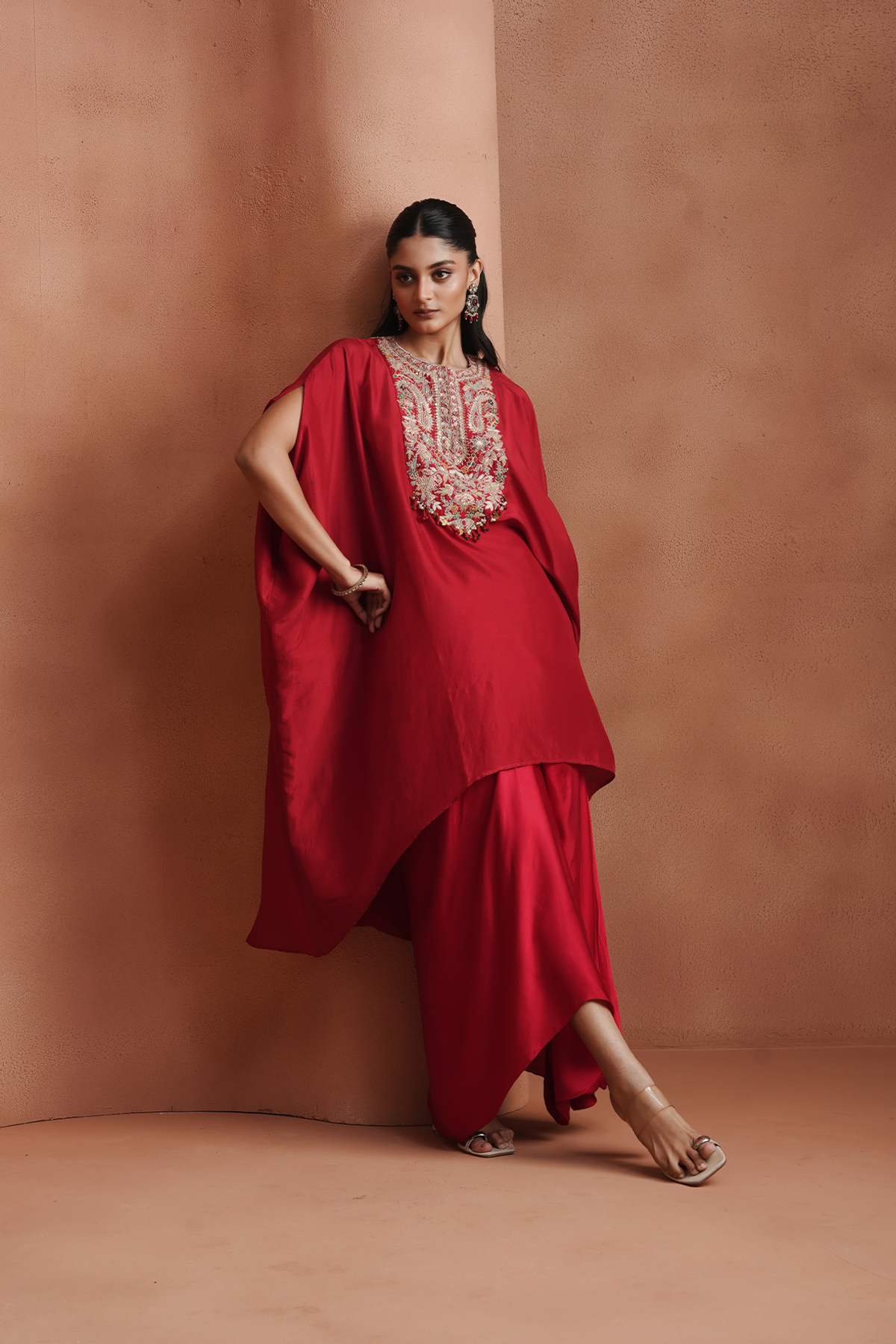 Red Embellished Kaftan Set