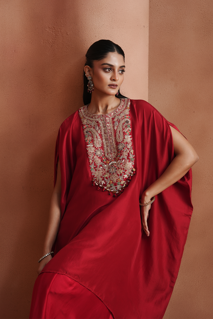 Red Embellished Kaftan Set