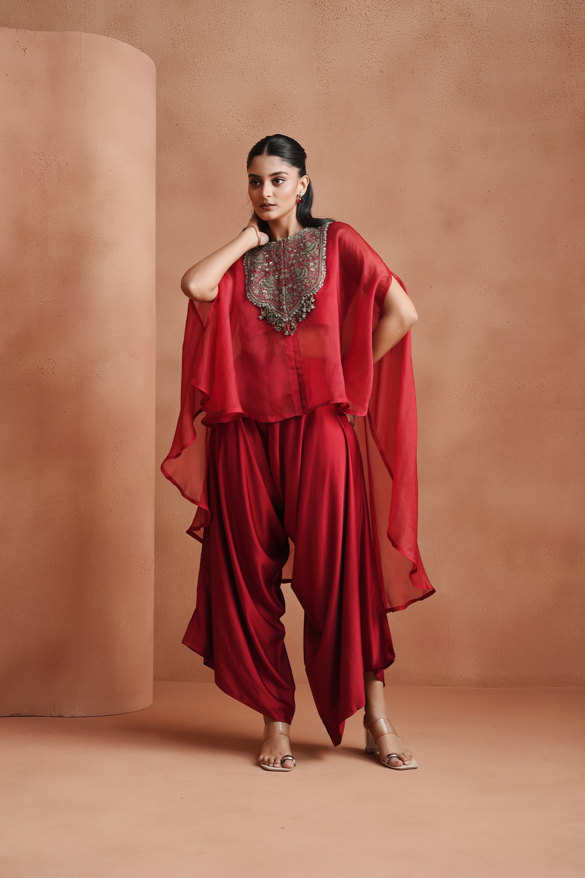 Red Embellished Kaftan Set