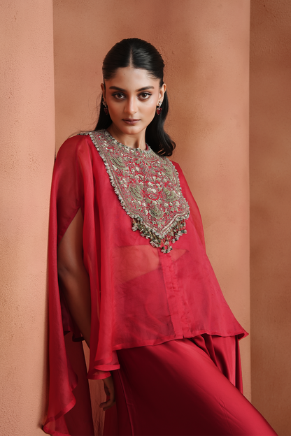 Red Embellished Kaftan Set