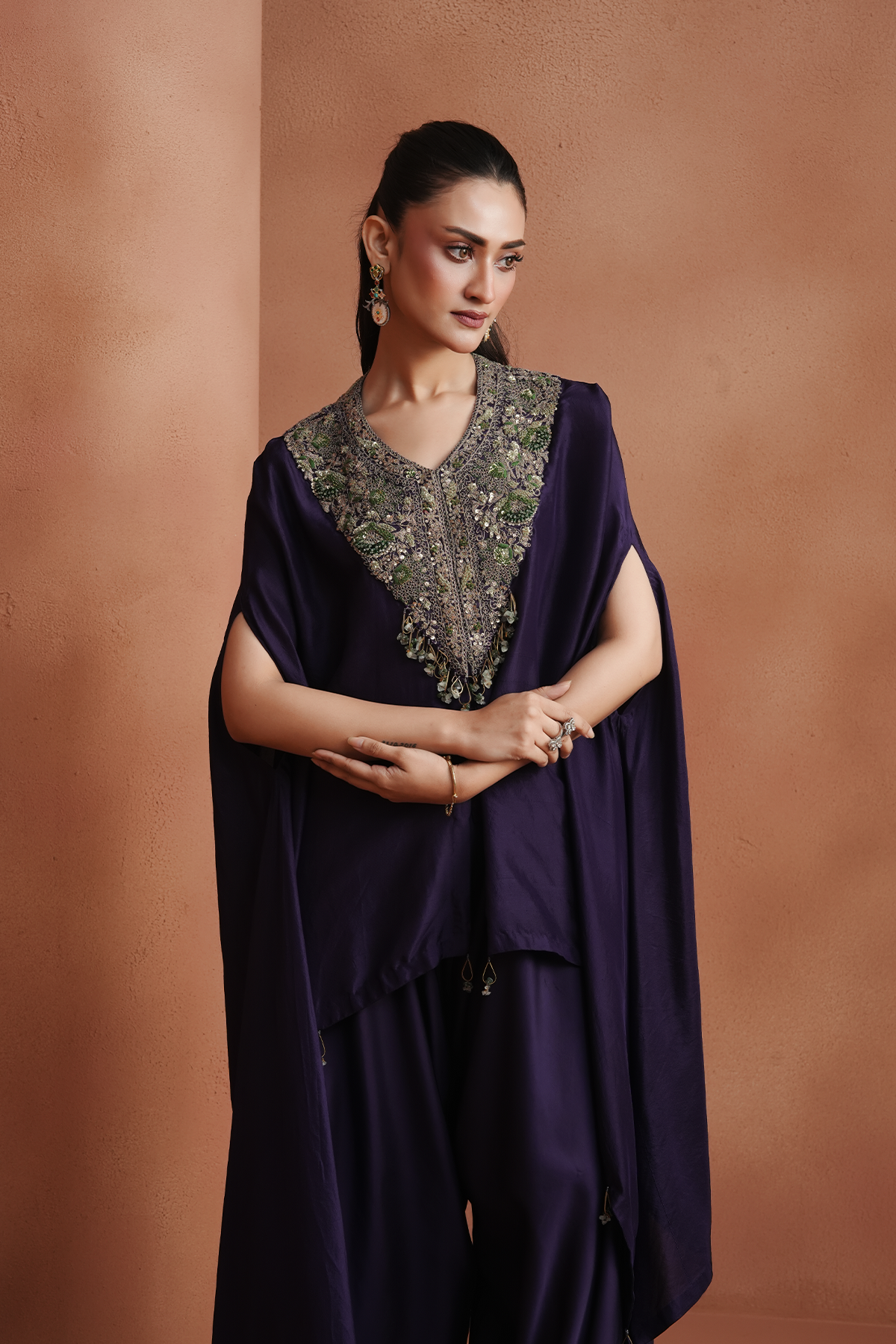 Deep Purple Embellished Kaftan Set