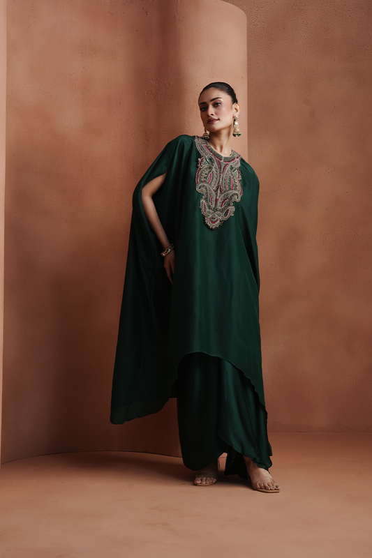 Green Embellished Kaftan Set