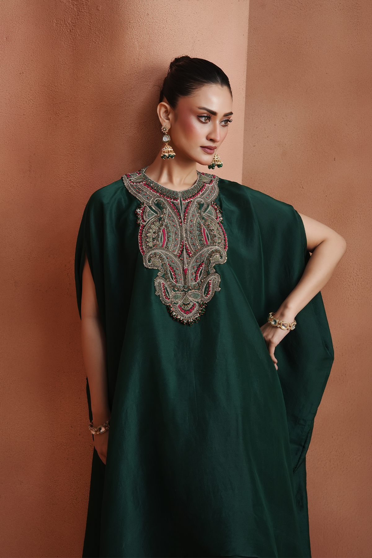 Green Embellished Kaftan Set