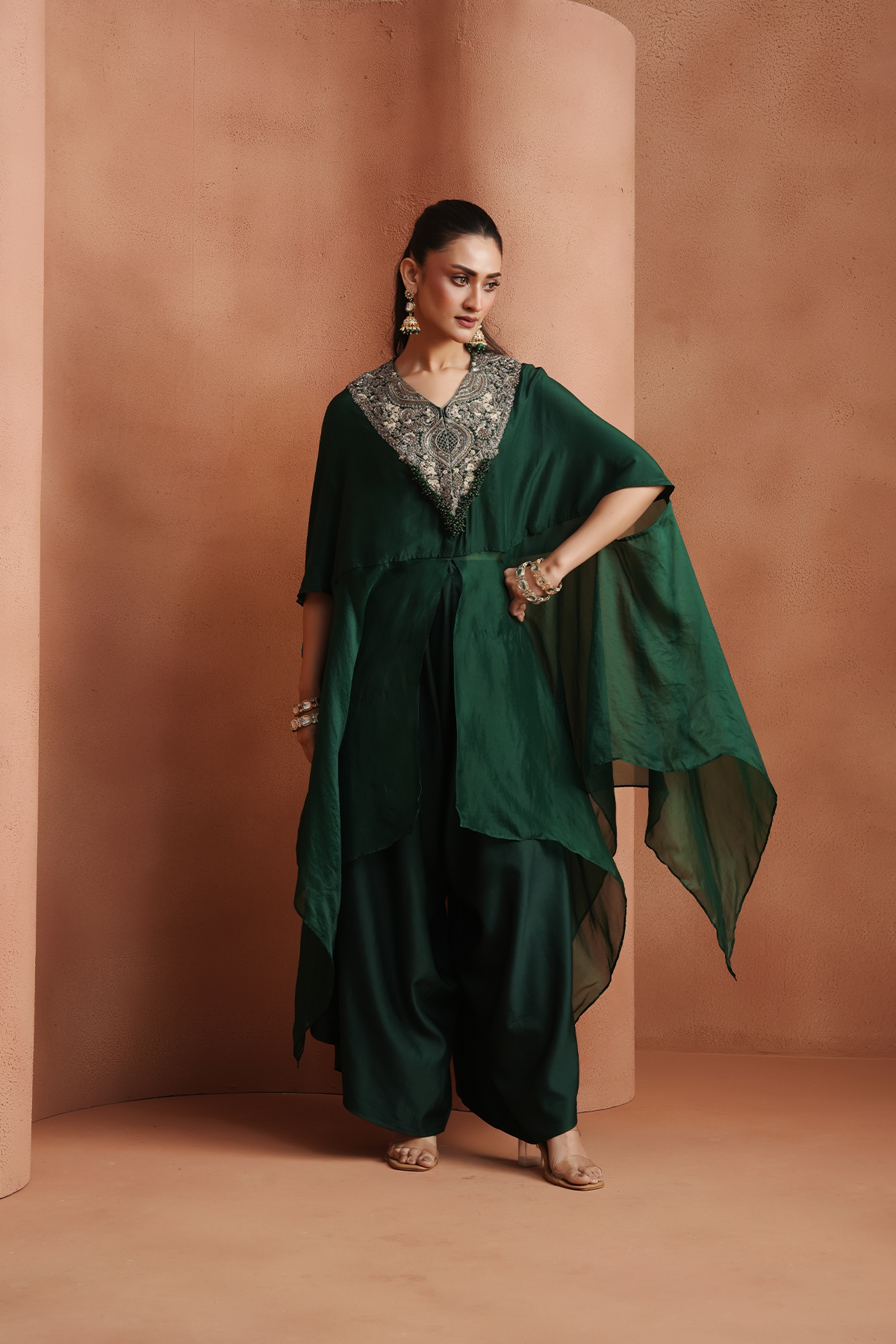 Green Embellished Kaftan Set