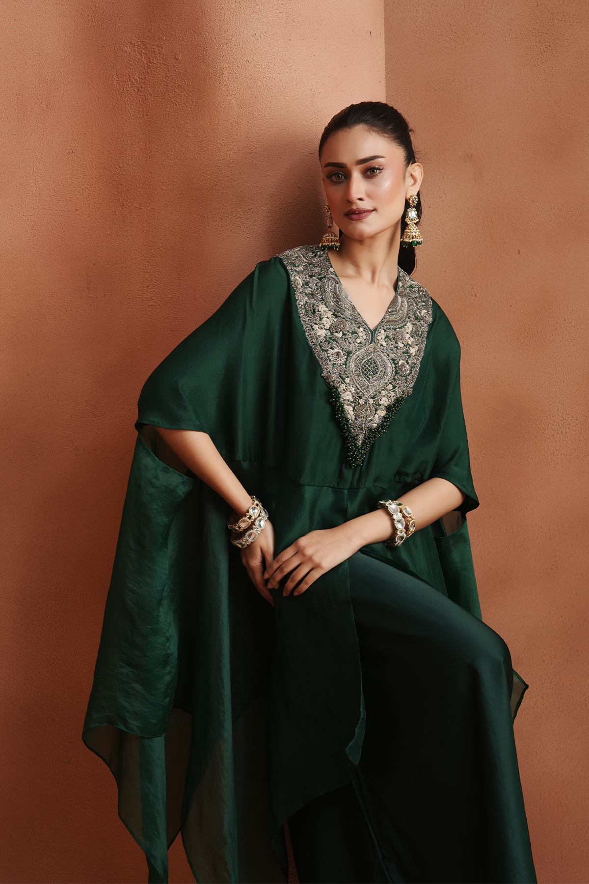 Green Embellished Kaftan Set