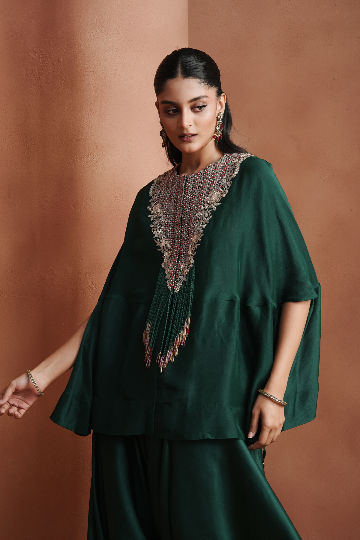 Green Embellished Kaftan Set
