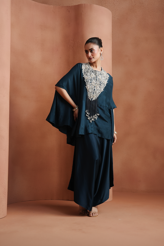 Prussian Blue Embellished Kaftan Set