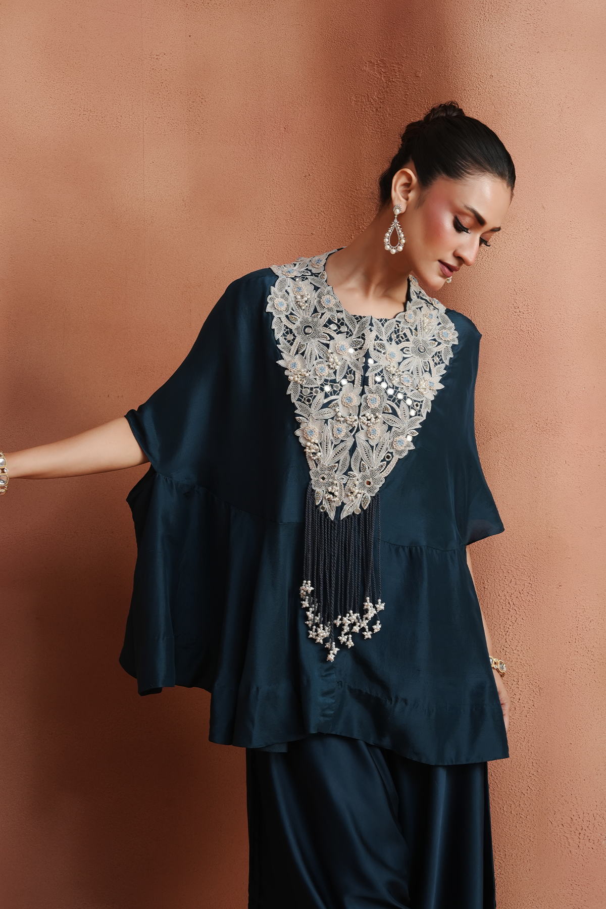 Prussian Blue Embellished Kaftan Set