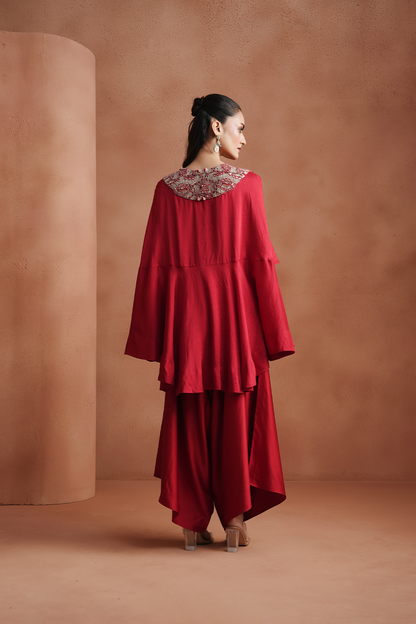 Red Embellished Kaftan Set