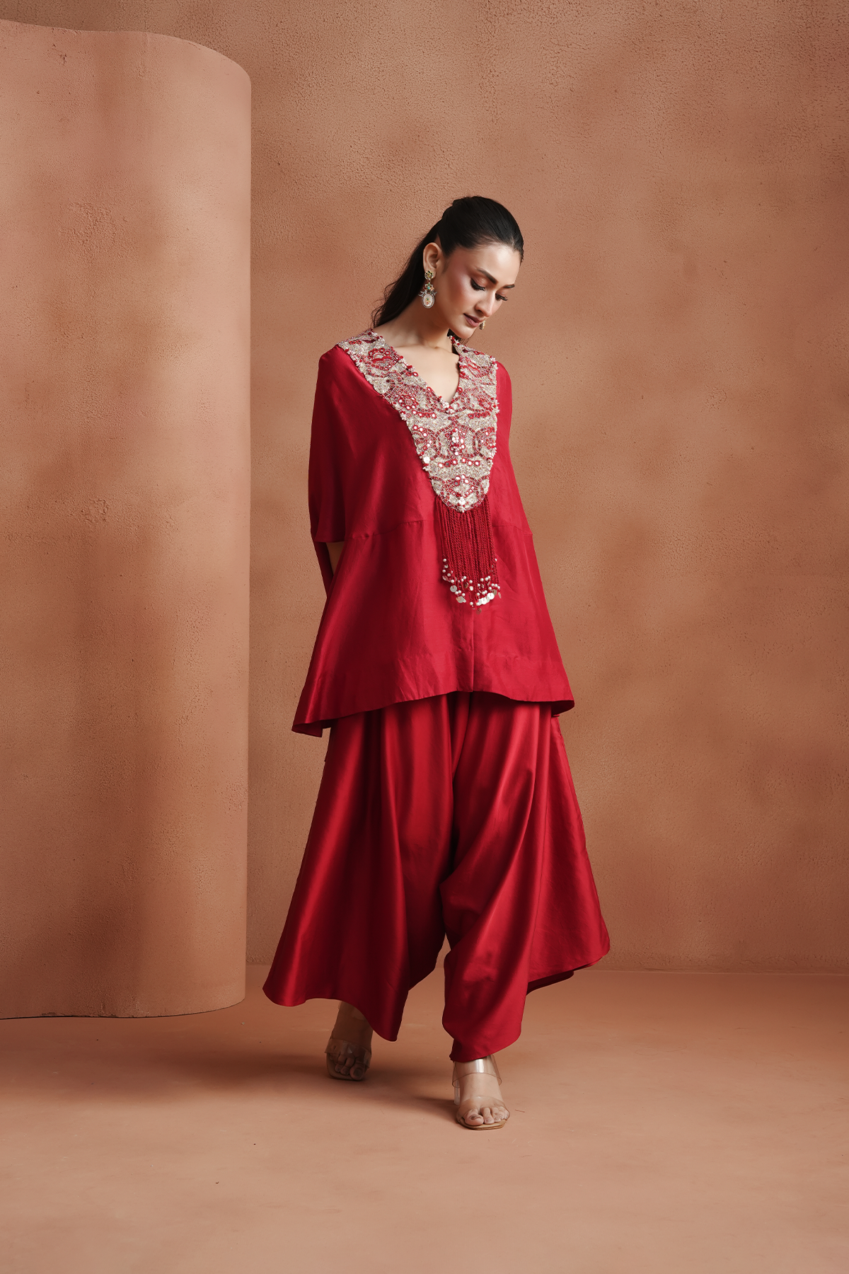 Red Embellished Kaftan Set