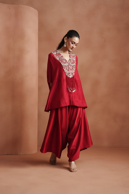 Red Embellished Kaftan Set