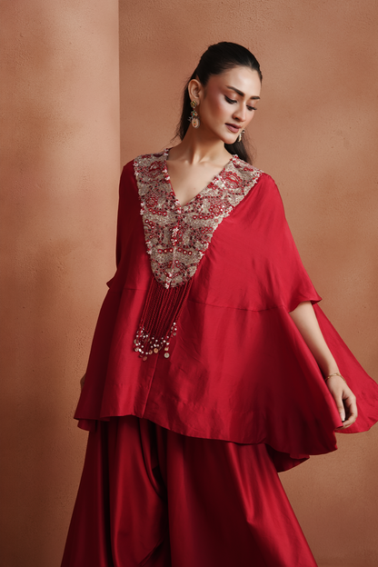 Red Embellished Kaftan Set