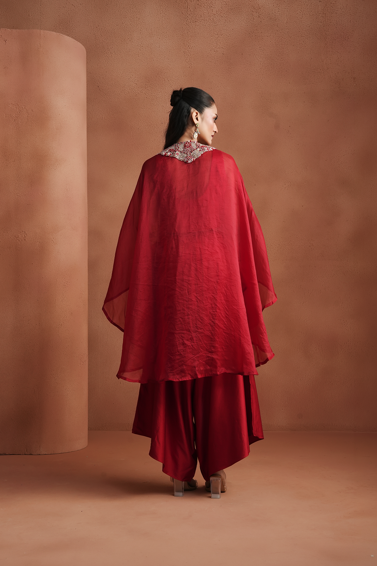Red Embellished Kaftan Set