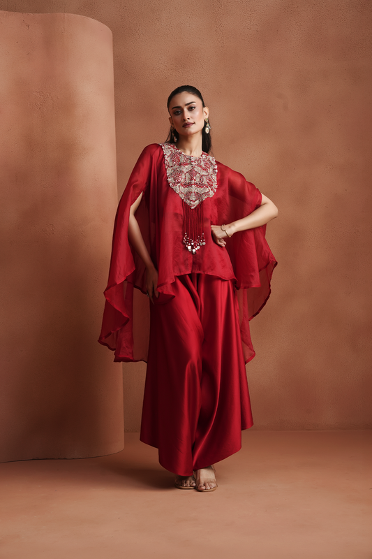 Red Embellished Kaftan Set