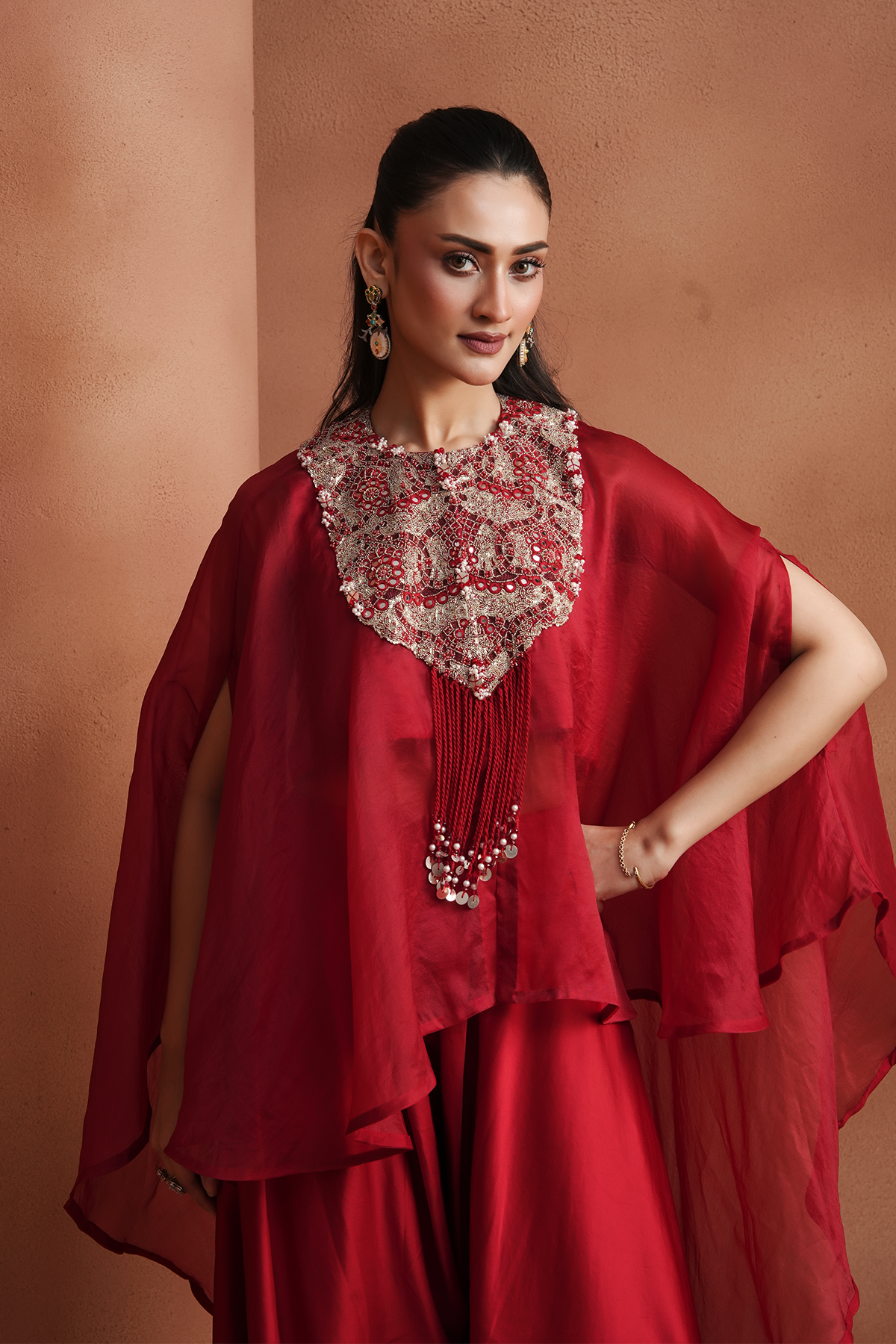 Red Embellished Kaftan Set