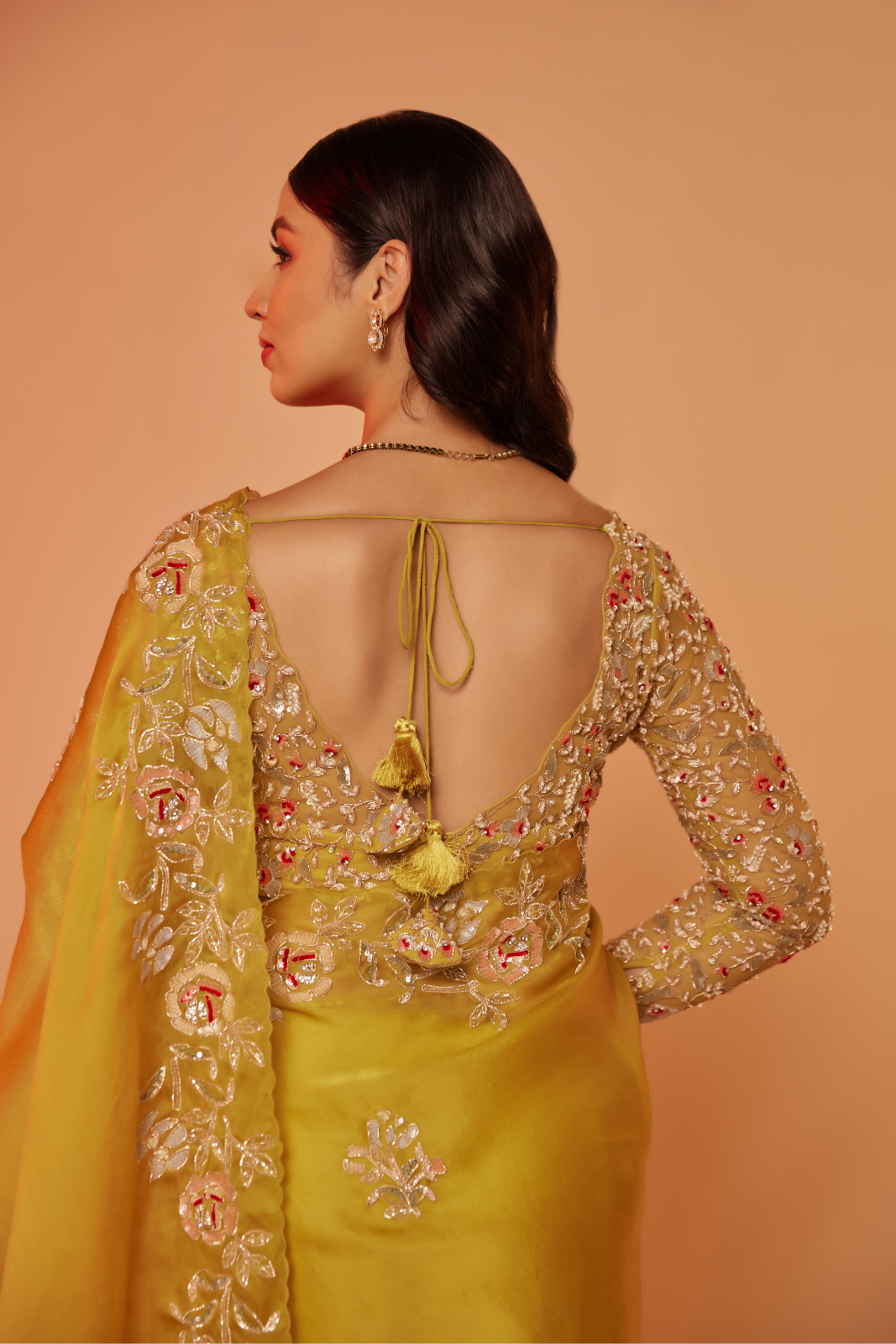 Yellow silk organza embroidered Saree with full sleeve blouse