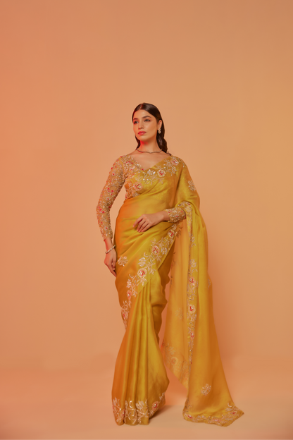 Yellow silk organza embroidered Saree with full sleeve blouse