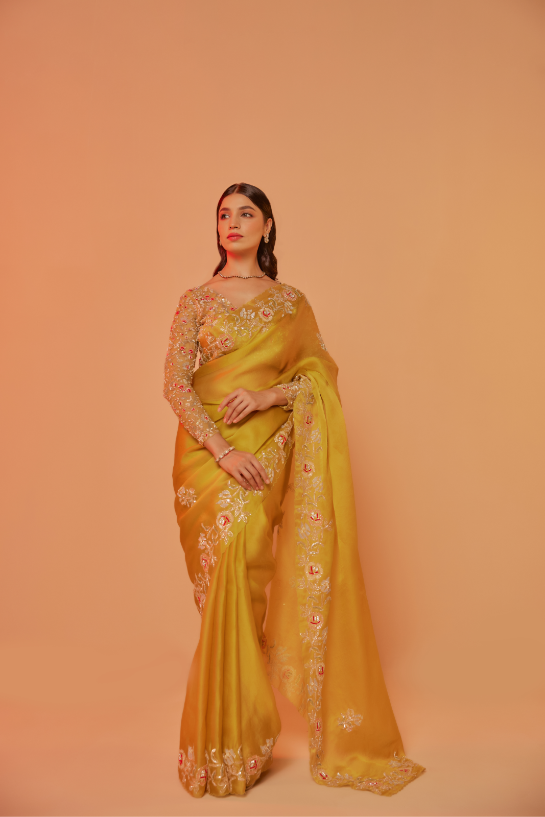 Yellow silk organza embroidered Saree with full sleeve blouse